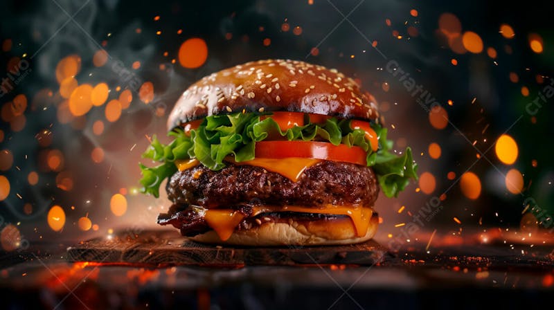 Hambúrguer completo, em cima de uma tábua com fundo com faíscas