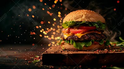 Hambúrguer Completo, Em Cima De Uma Tábua Com Fundo Com Faíscas