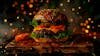 Complete burger, on top of a board with sparks background