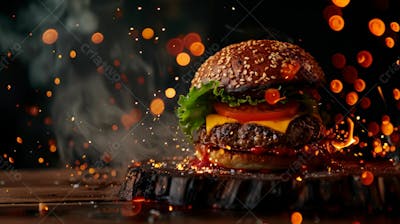 Hambúrguer Completo, Em Cima De Uma Tábua Com Fundo Com Faíscas