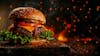 Complete burger, on top of a cutting board with sparks background