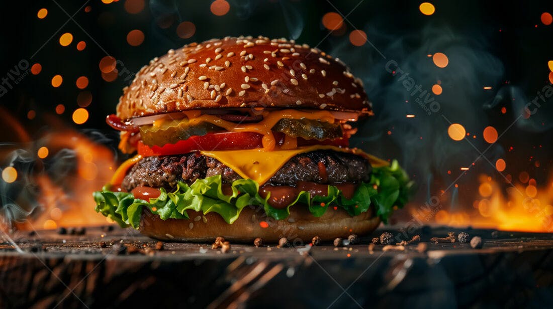 Hambúrguer suculento com queijo derretido e fogo