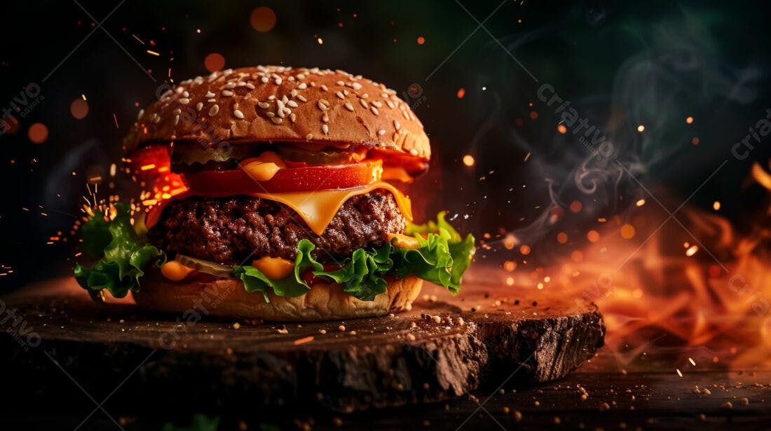 Hambúrguer suculento com queijo derretido e brasas