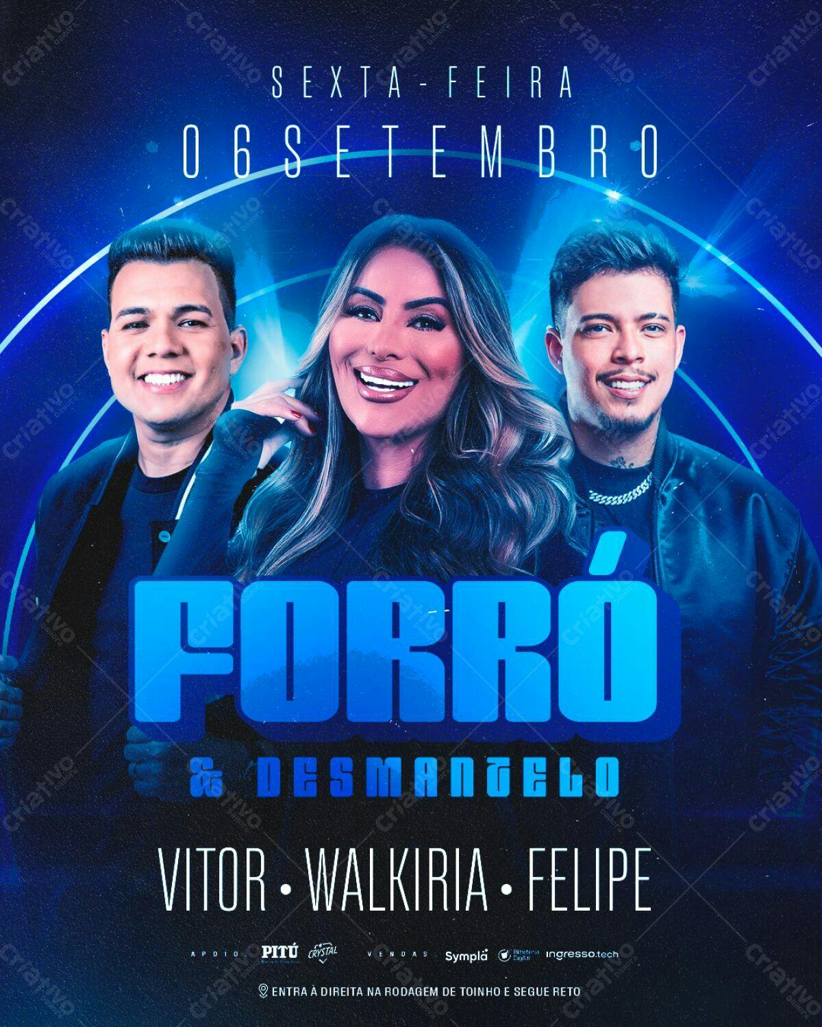 Flyer para Show de Forró com Vitor, Walkyria e Felipe PSD Editável