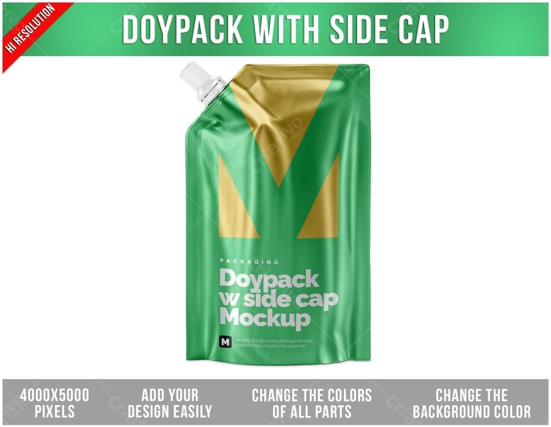 Mockup Doypack Verde e Dourado com Tampa Lateral - Embalagem Realista