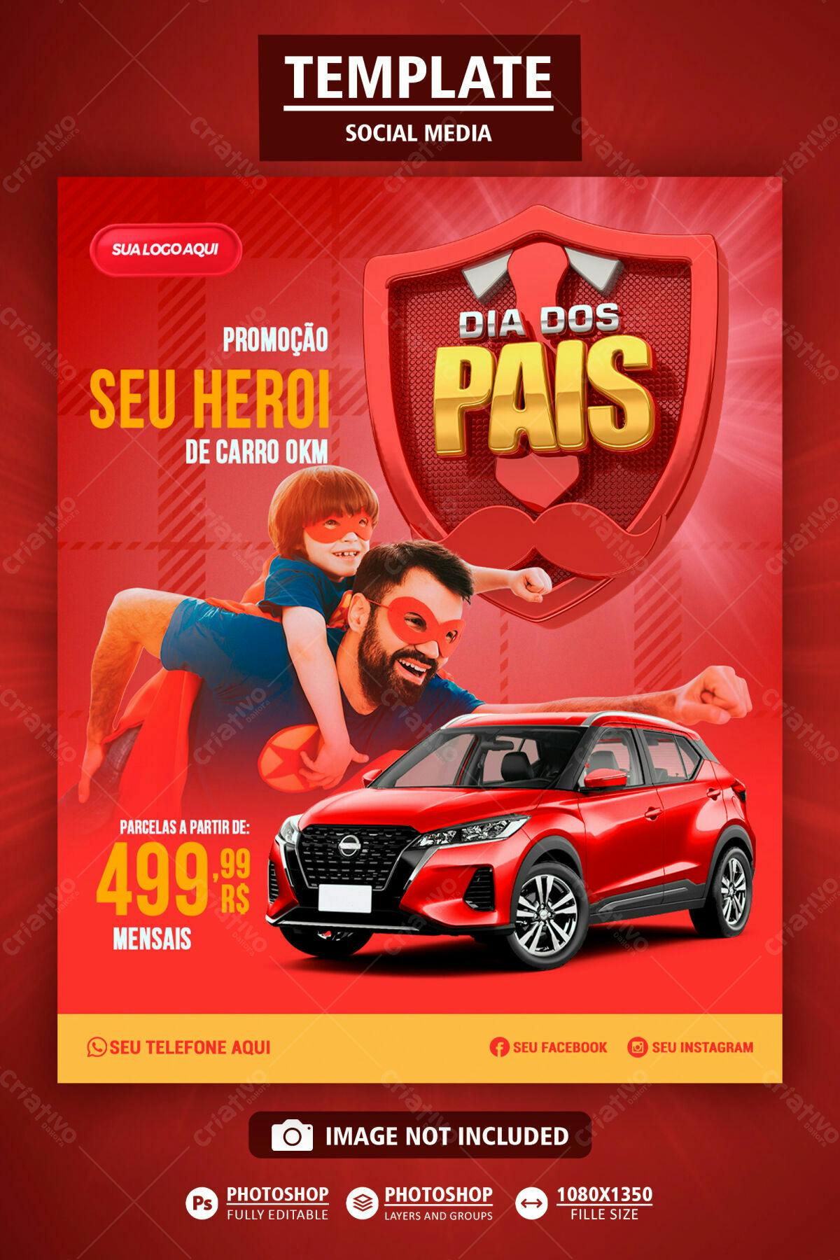 Flyer Dia dos Pais com Carro Vermelho PSD Editável