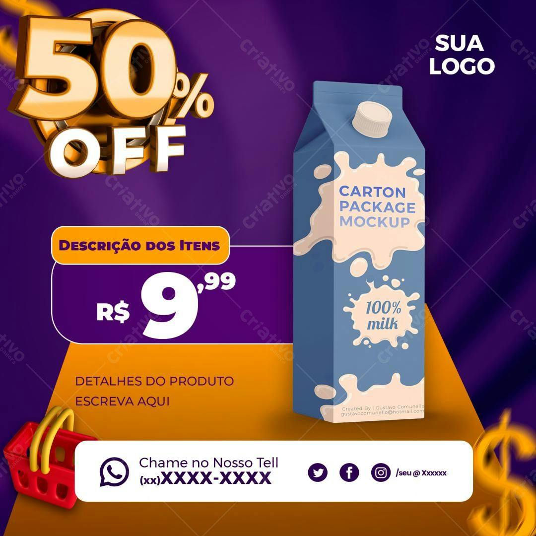 Mockup de Embalagem de Leite Realista: Azul e Bege