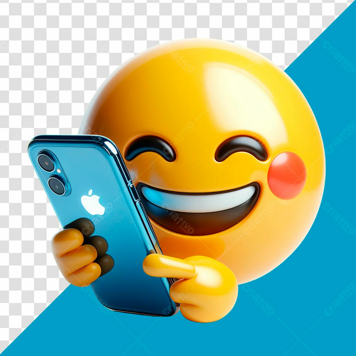 Emoji Feliz com Celular Azul PSD Editável