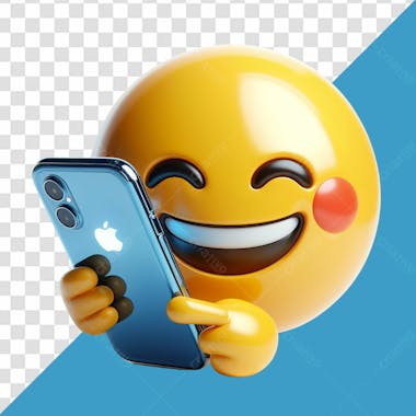 Elemento 3d emoji sorrindo enquanto segura um celular