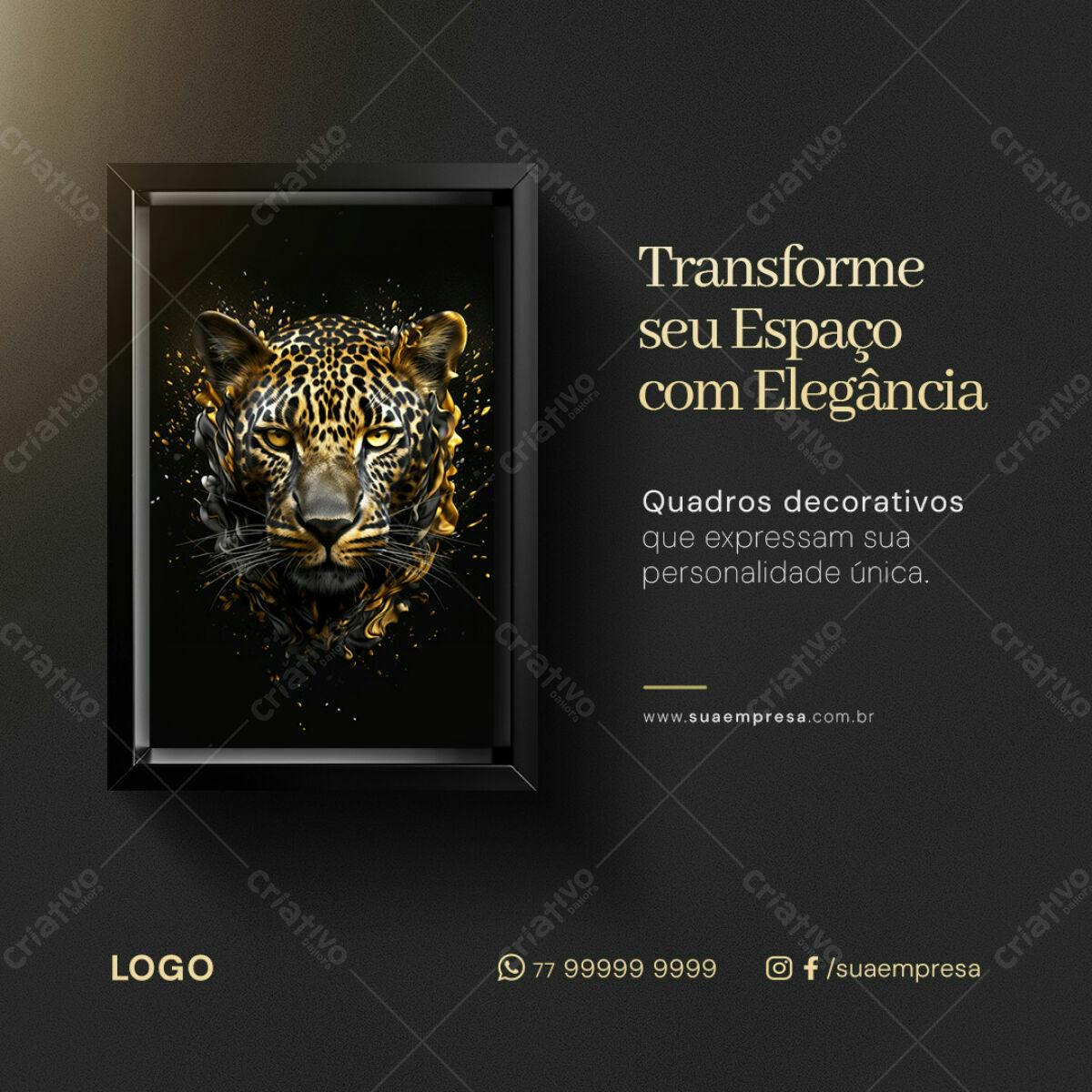 Quadro Decorativo com Leopardo Dourado PSD Editável