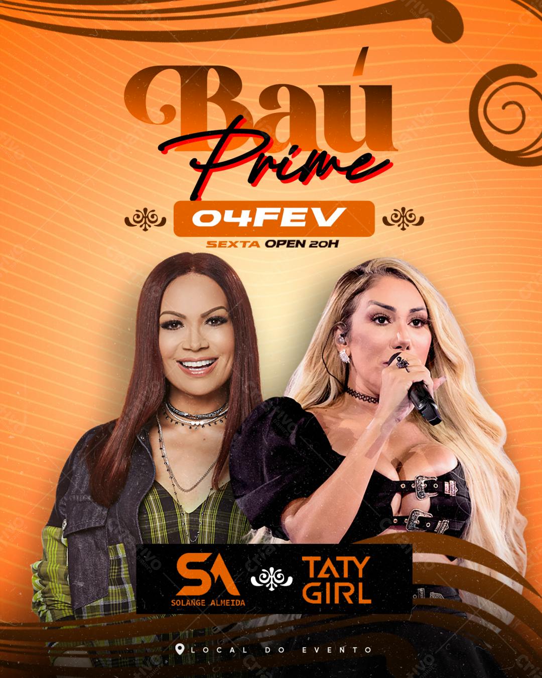 Flyer para Evento Bau Prime com Solange Almeida e Taty Girl PSD Editável