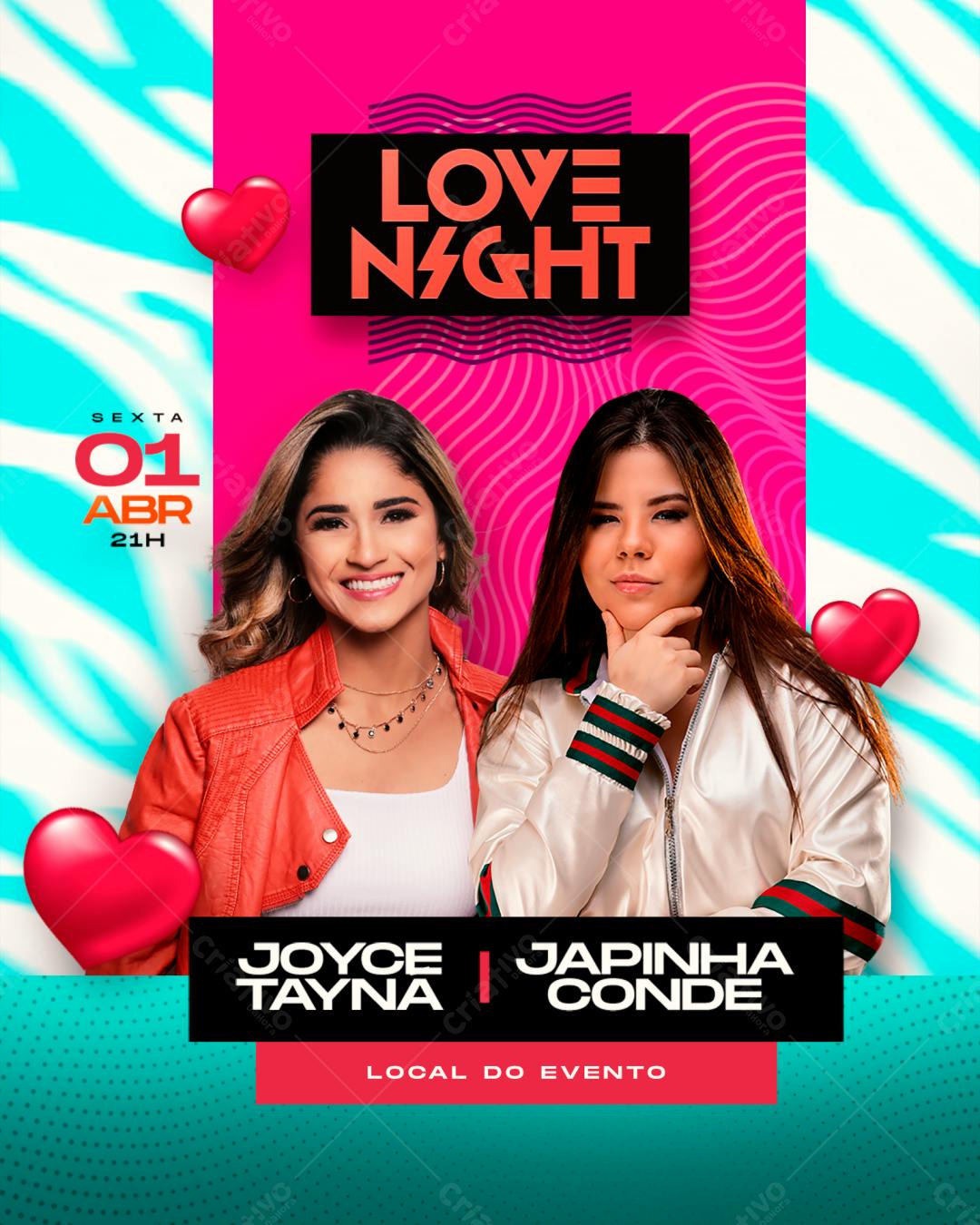 Flyer Love Night com Joyce Tayna e Japinha Conde PSD Editável