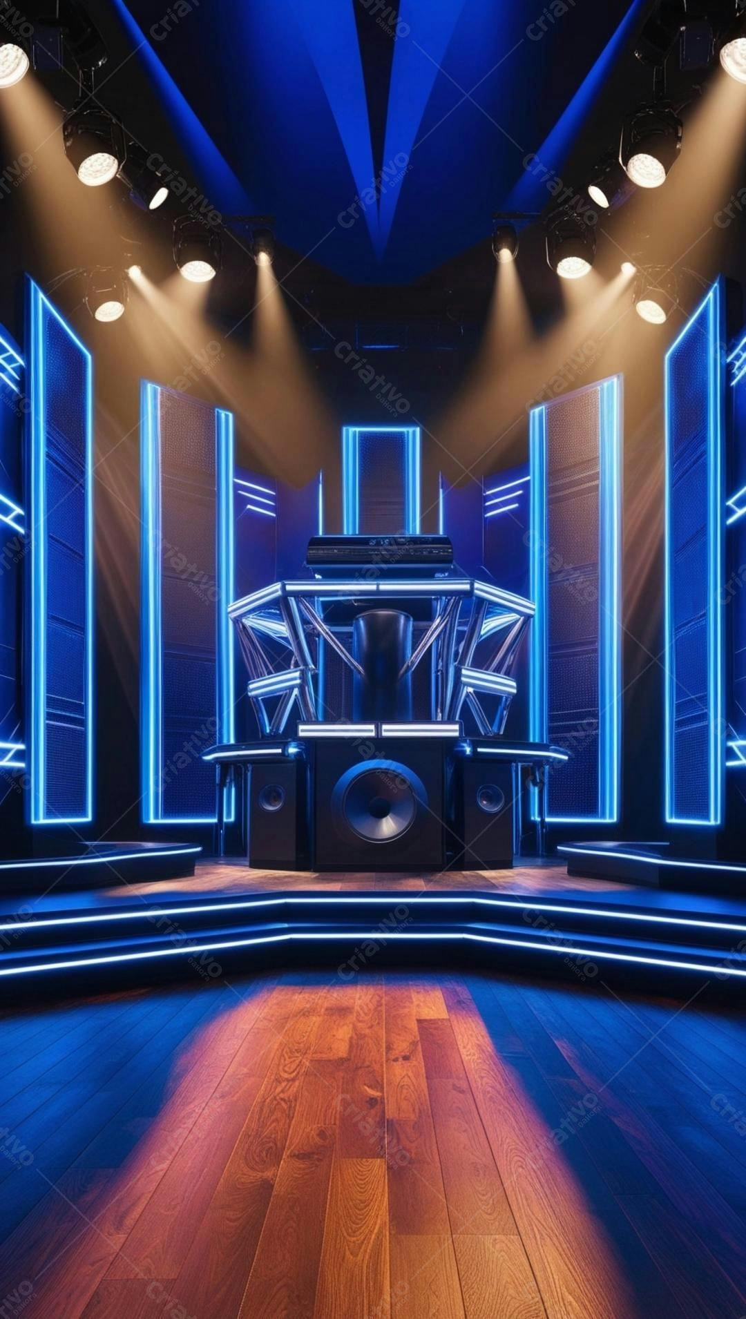 Palco com iluminação azul e sistema de som profissional