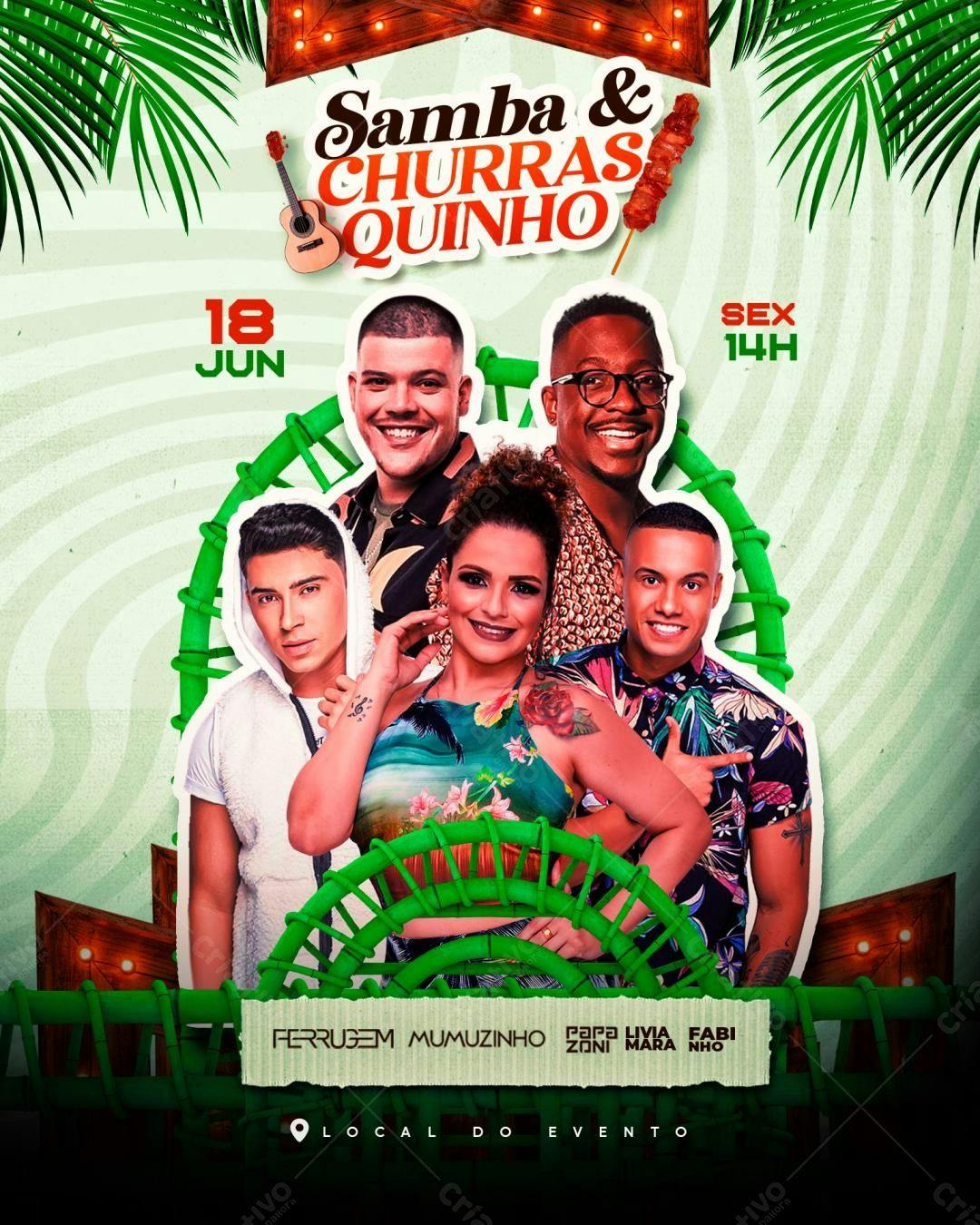 Flyer Samba e Churrasco com Ferrugem e Mumuzinho PSD Editável