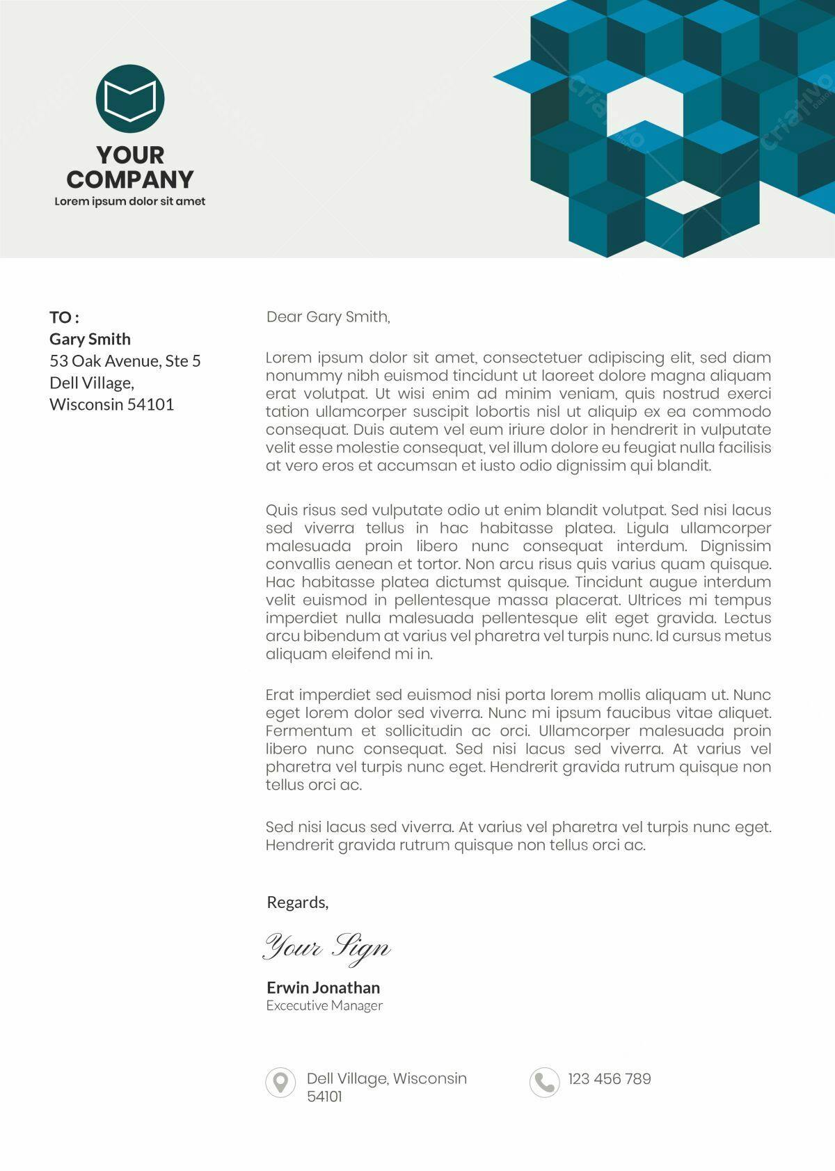 Carta Comercial Profissional Azul e Verde PSD Editável