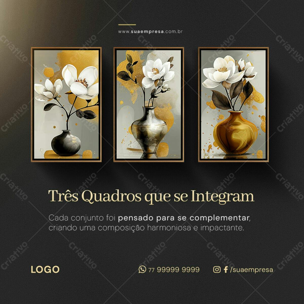 Três Quadros Flores em Vaso PSD Editável