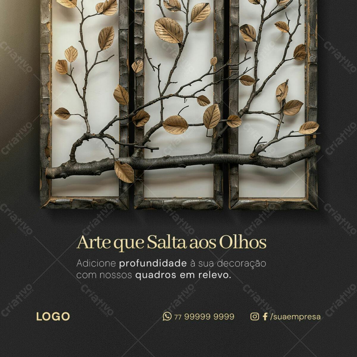 Quadro Decorativo com Ramos e Folhas Douradas PSD Editável