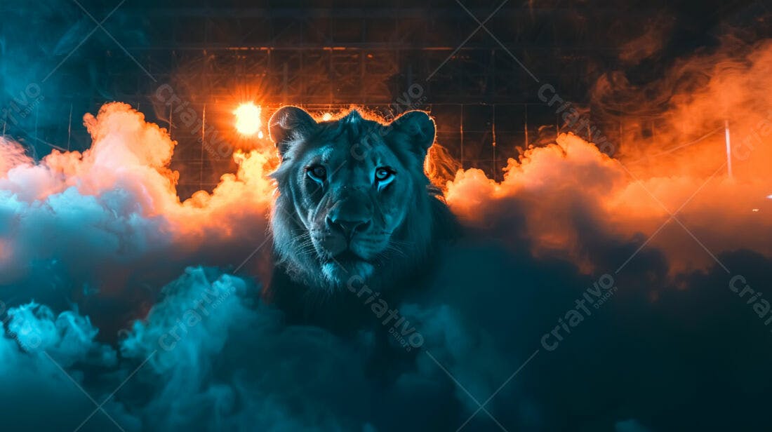 Leão em névoa azul e laranja