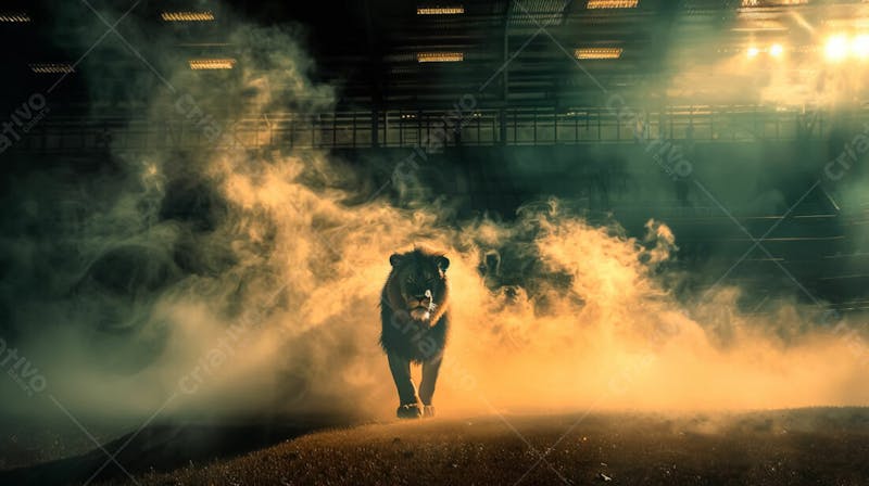 Imagem de um leão com fumaca e estádio de futebol