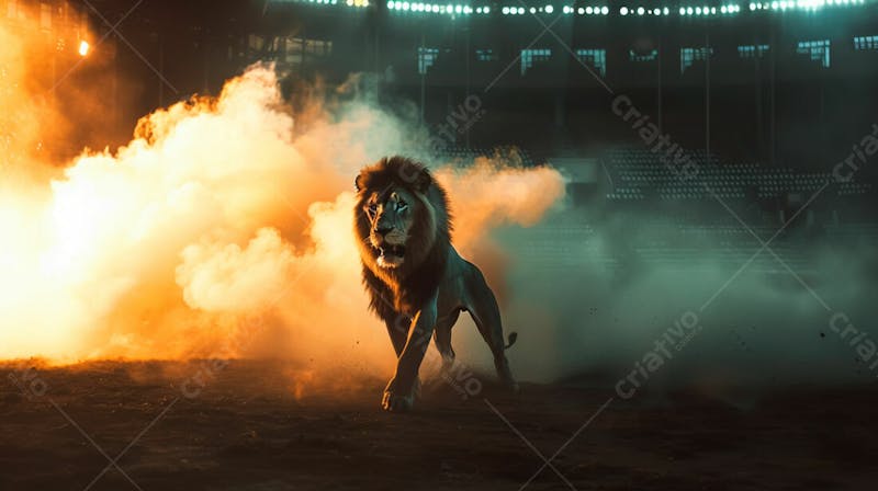 Imagem de um leão com fumaca e estádio de futebol