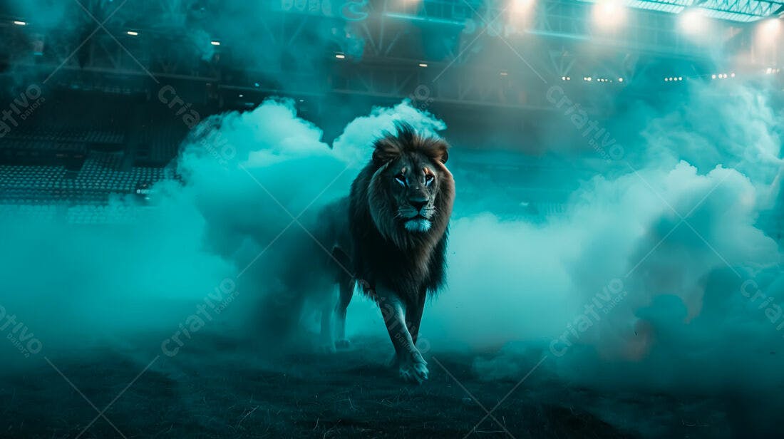 Leão em estádio com fumaça azul
