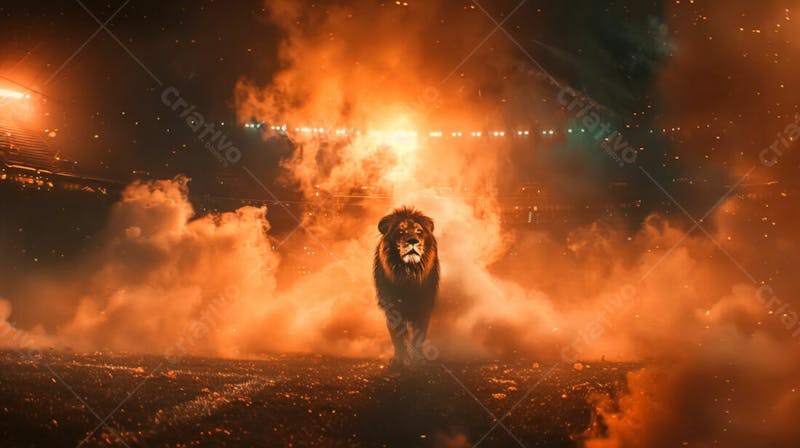 Imagem de um leão com fumaca e estádio de futebol