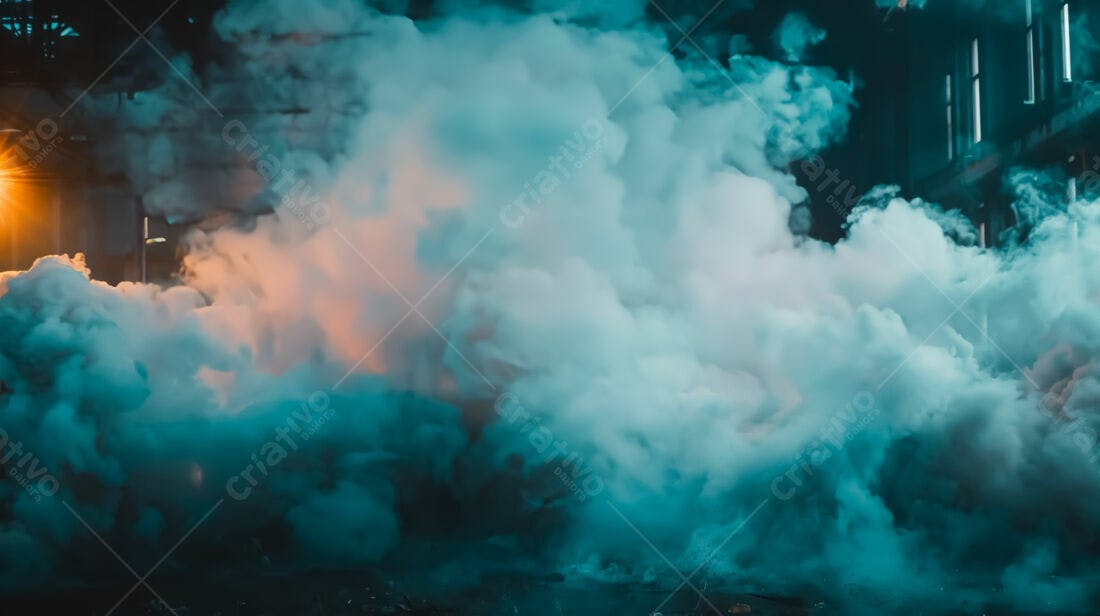Nuvem de fumaça azul e branca em ambiente industrial
