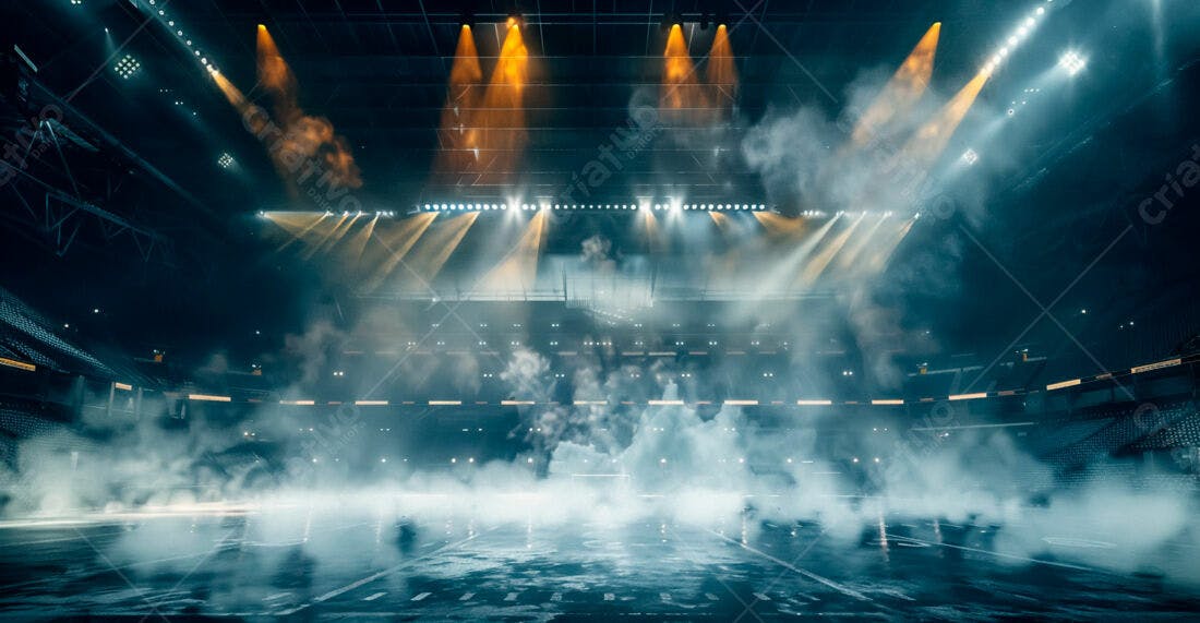 Estádio com fumaça e luzes dramáticas