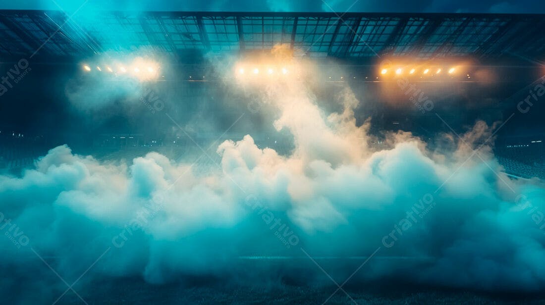 Estádio com fumaça azul e luzes