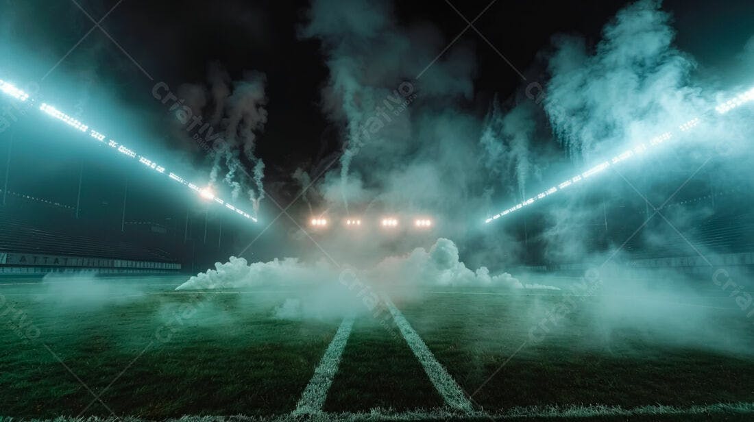 Campo de futebol noturno com fumaça