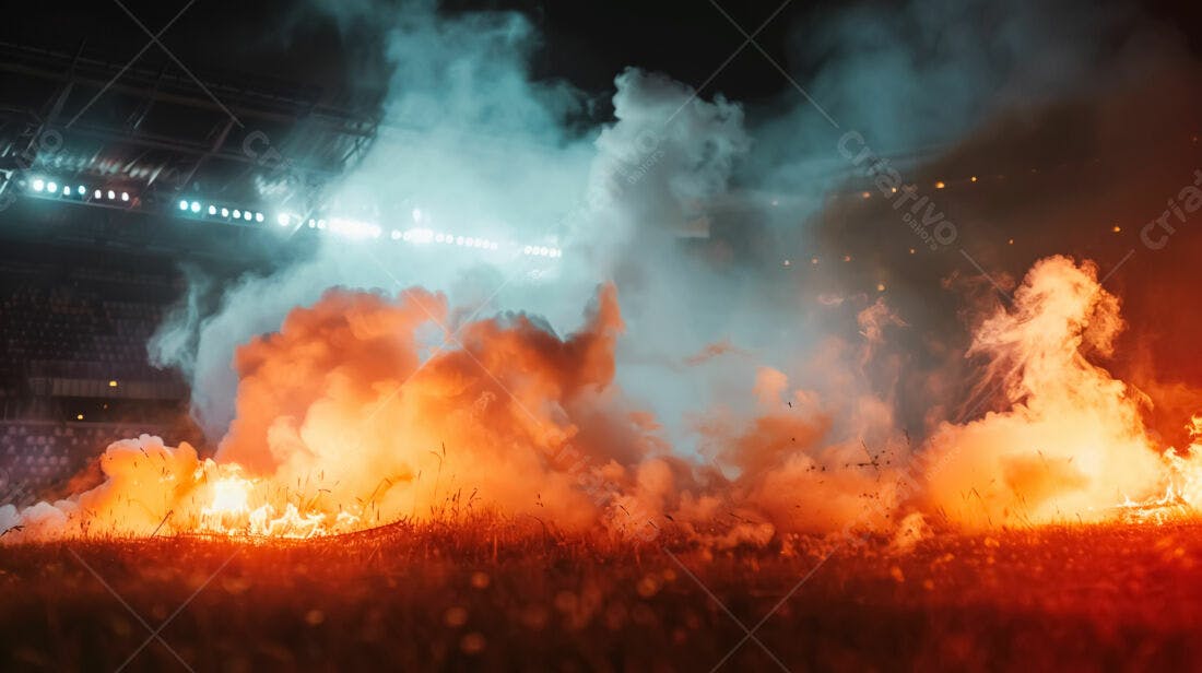 Fumaça laranja e azul em estádio noturno