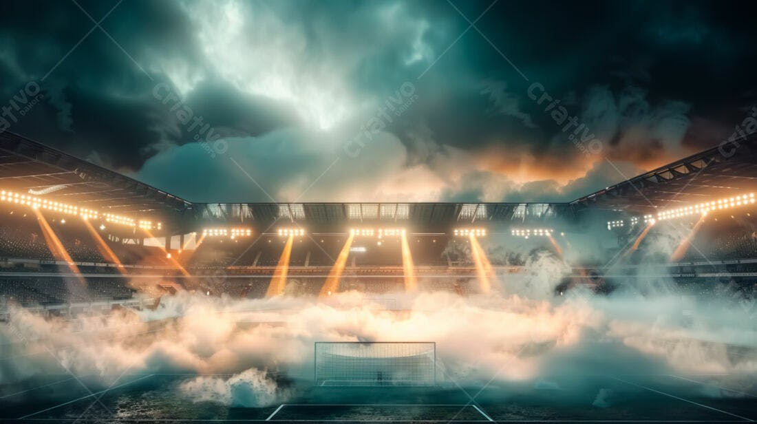 Estádio de futebol com fumaça e luzes