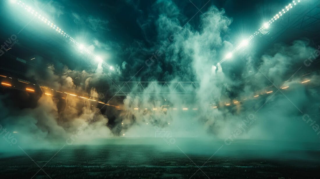 Estádio de futebol com fumaça verde e luzes