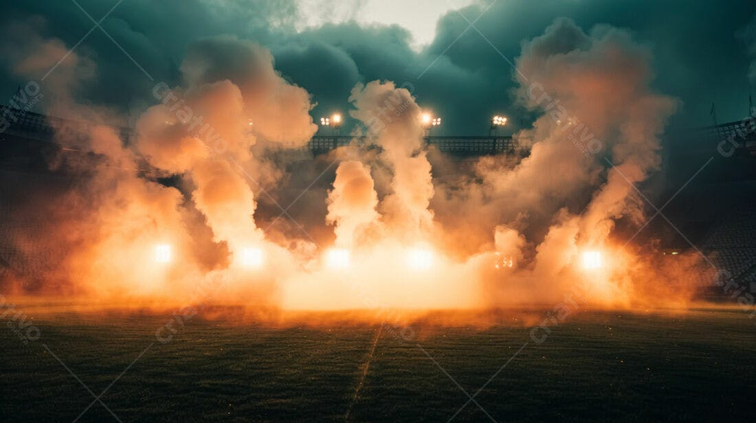 Estádio com fumaça laranja e luzes