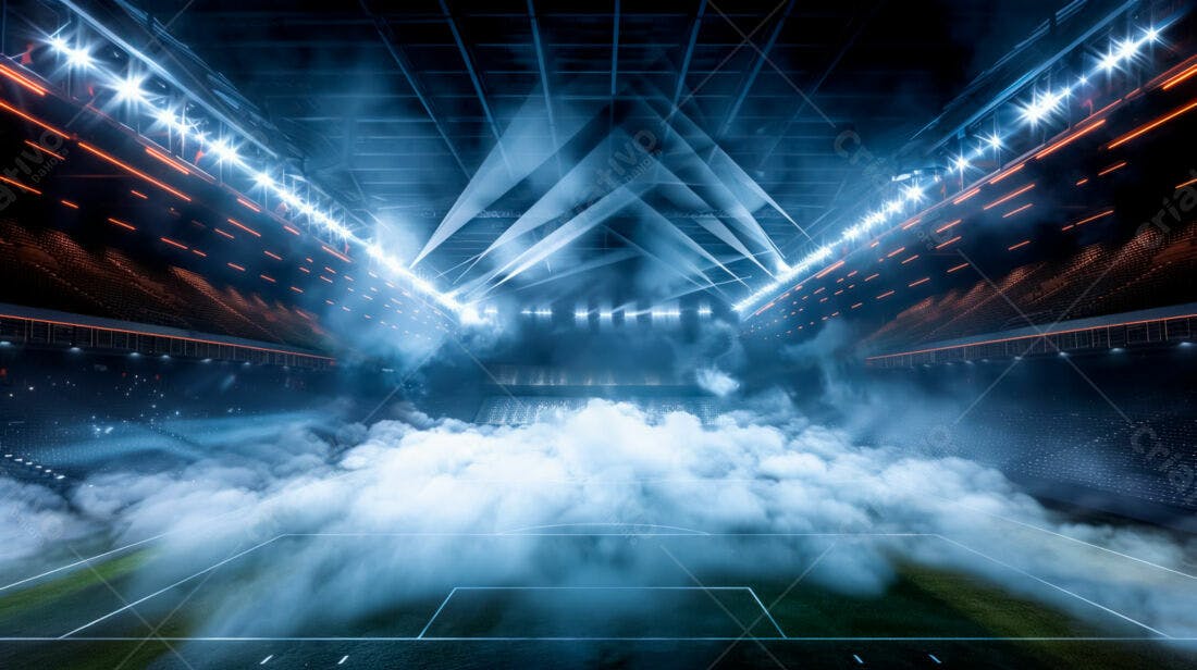 Estádio de futebol iluminado com névoa