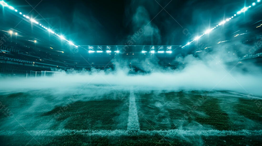 Campo de futebol noturno com neblina