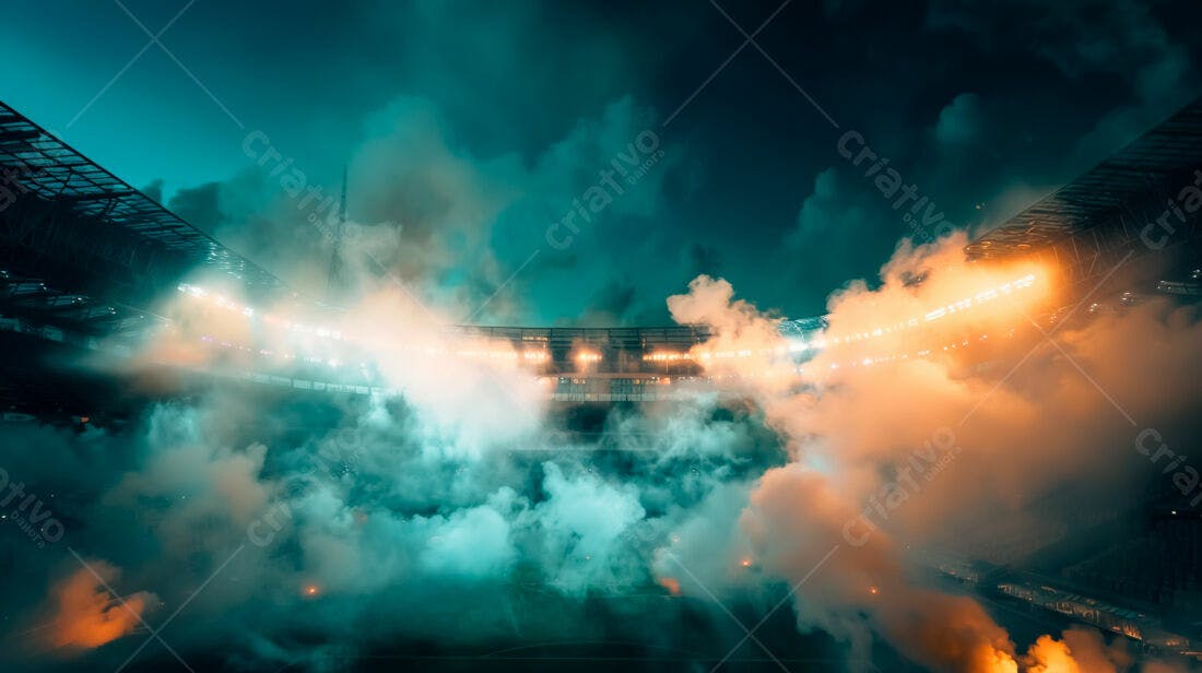 Estádio envolto em fumaça colorida noite