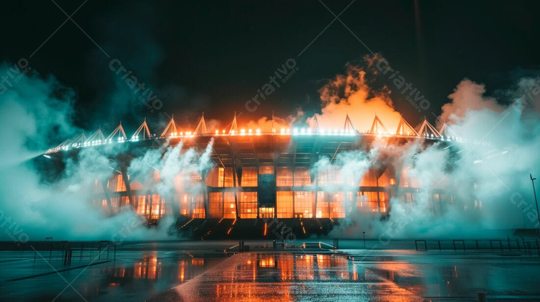 Estádio noturno com fumaça laranja e azul