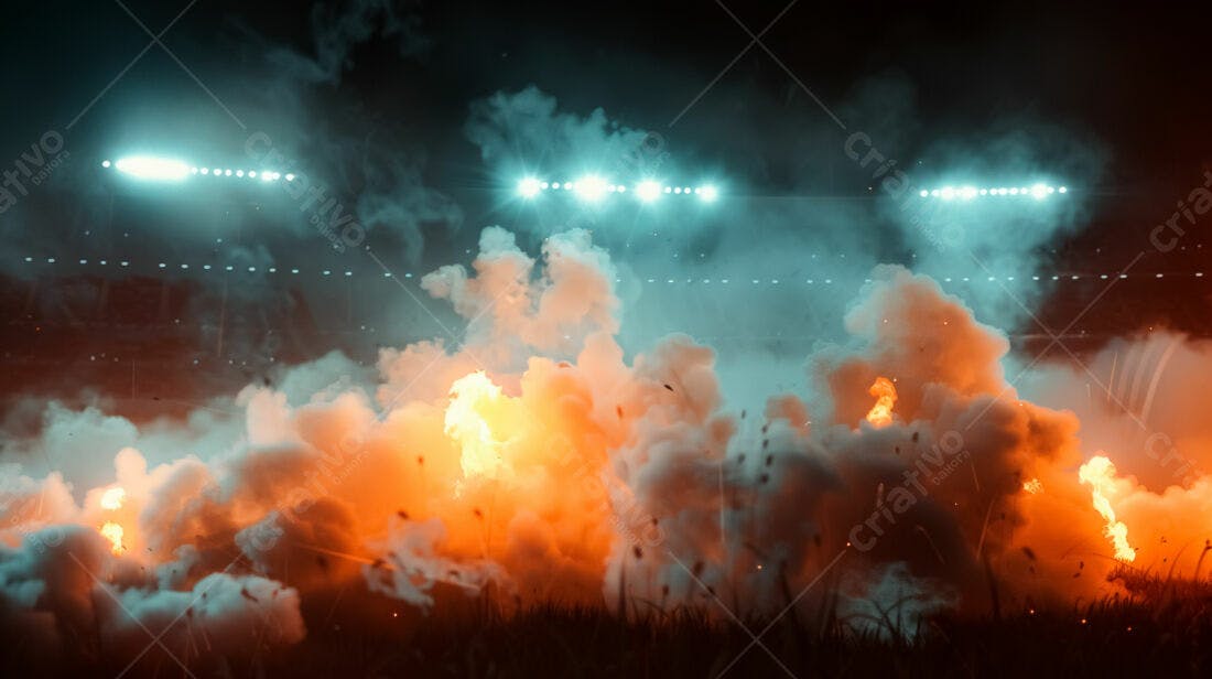 Explosão de Fogo e Fumaça em Estádio Noturno
