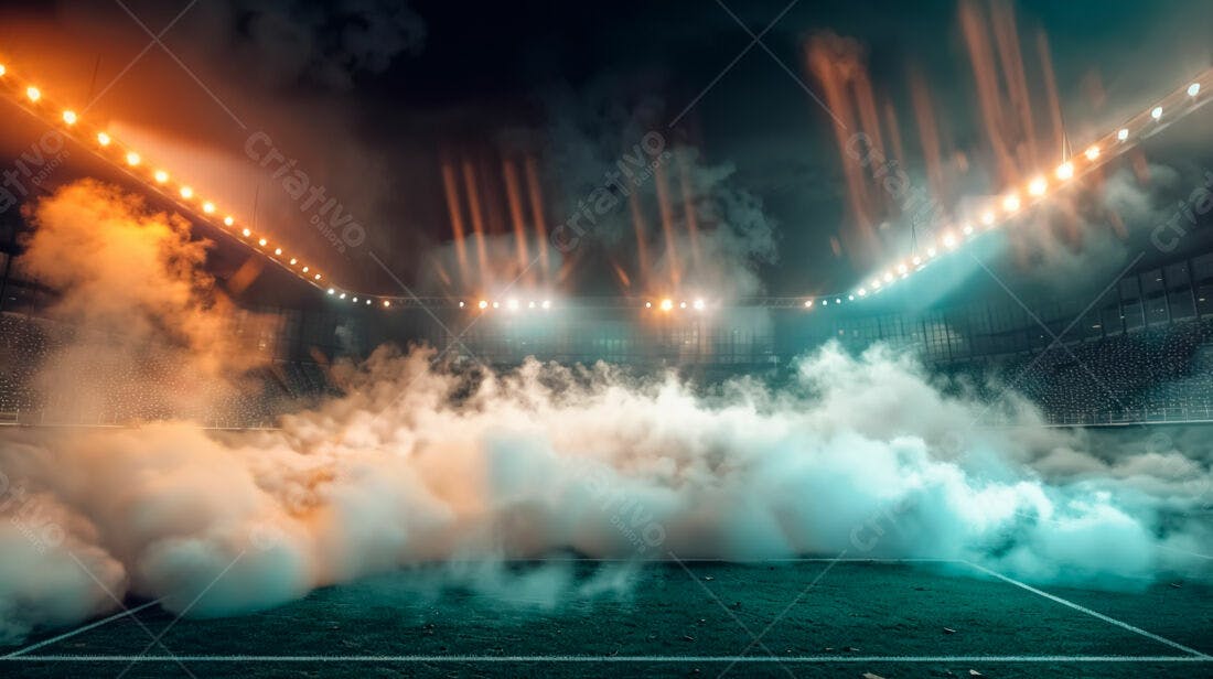 Estádio com fumaça e luzes noturnas