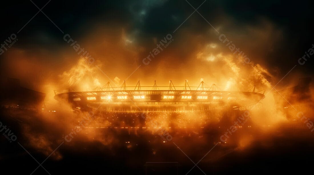 Estádio envolto em fumaça laranja