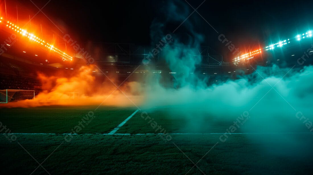 Campo de futebol noturno com fumaça laranja e azul