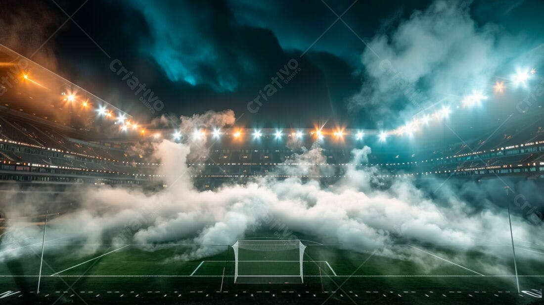 Estádio de futebol noturno com fumaça