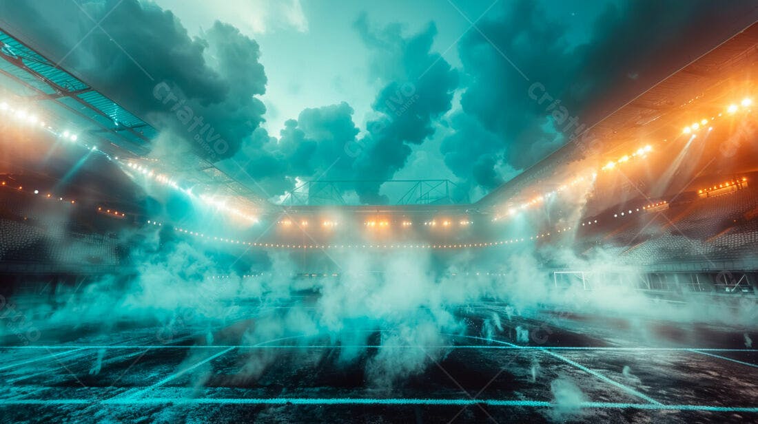 Estádio de futebol com fumaça e luzes