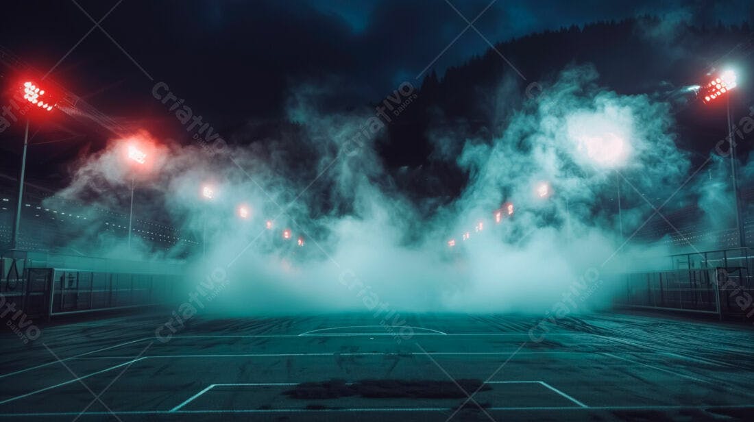 Campo de futebol noturno com névoa