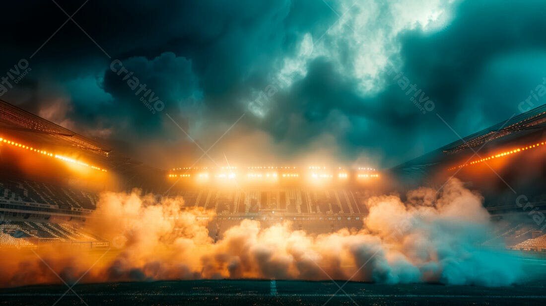Estádio com névoa e luzes noturnas