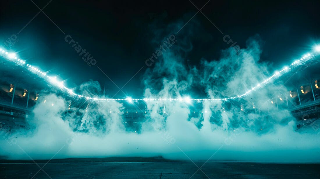 Estádio noturno com fumaça azul