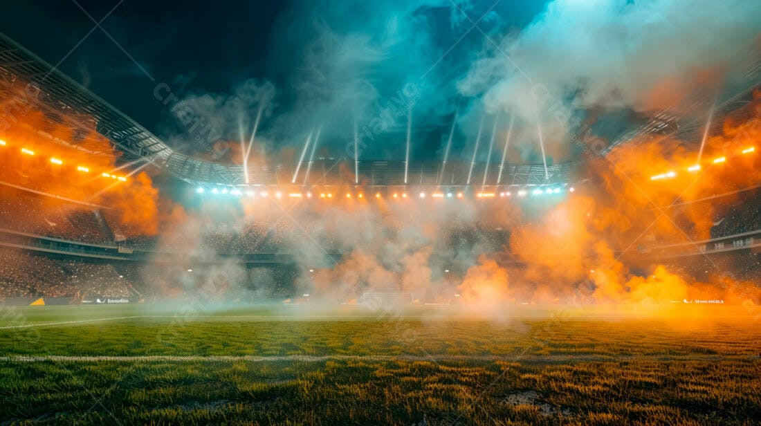 Estádio de futebol com fumaça laranja e azul