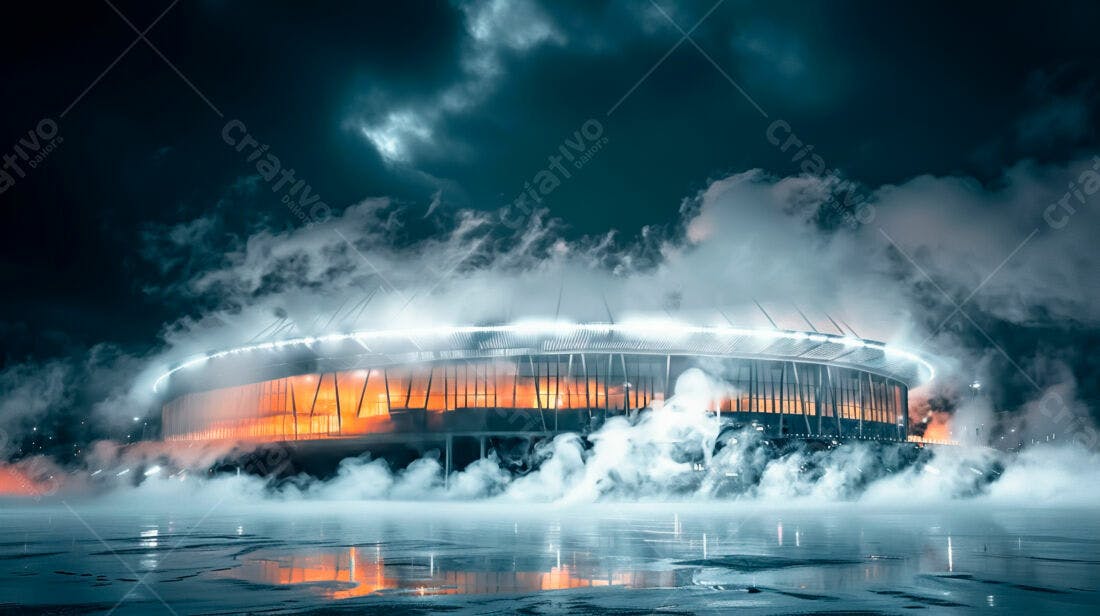 Estádio noturno em clima frio com névoa