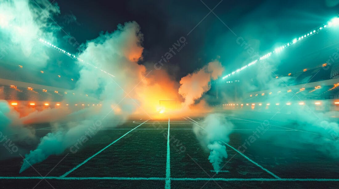Campo de futebol noturno com fumaça colorida